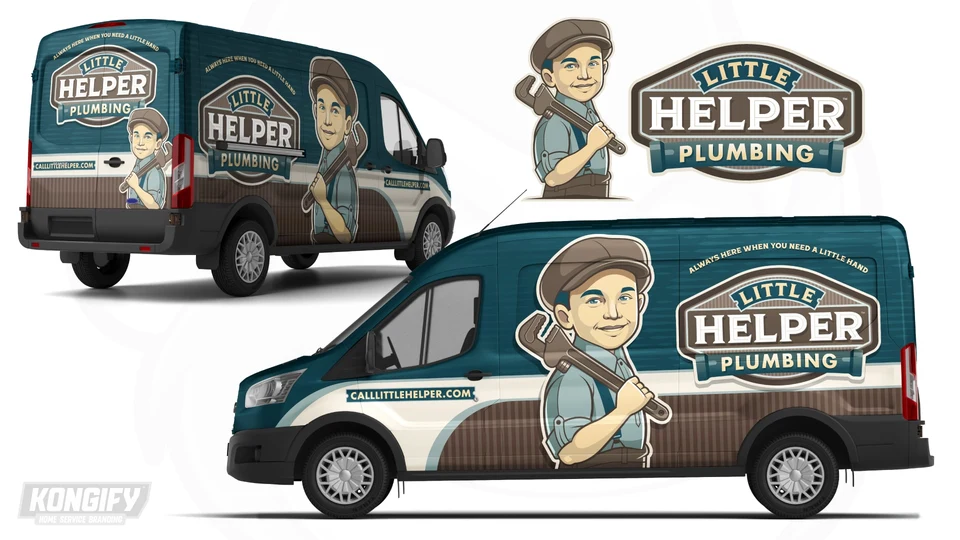 Little Helper Plumbing van wrap with a large helper character, teal upper panels, brown striped lower panels, cream divide, and name badge.