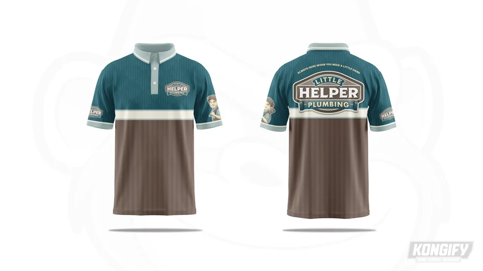 Little Helper Plumbing polo with teal shoulders, brown lower panels, cream stripe, chest and back name badges, and a helper portrait on the sleeve.