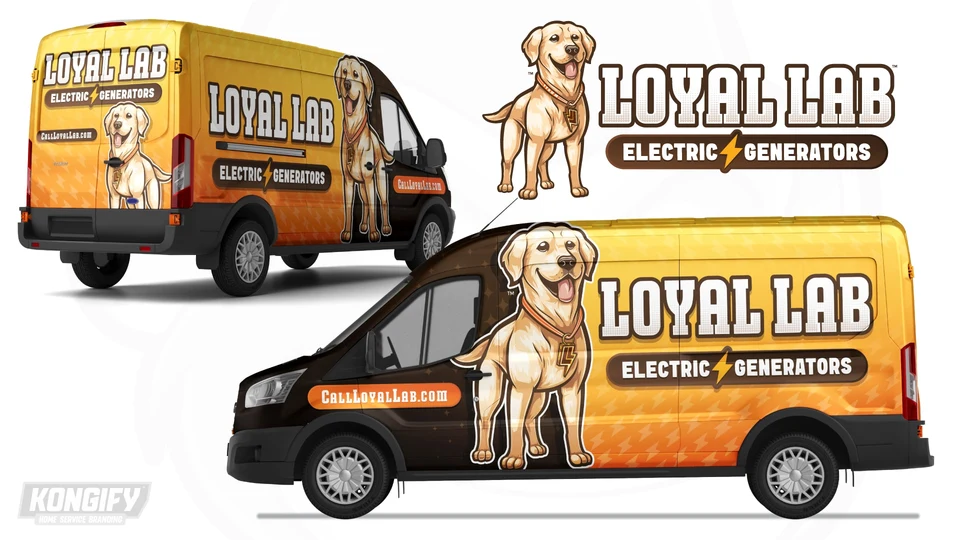 Loyal Lab van wrap with a large yellow Labrador, brown front panels, and a yellow lightning-patterned rear.