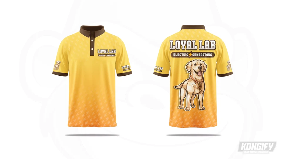 Loyal Lab yellow polo with brown trim, lightning patterns, and a large dog and logo on the back.
