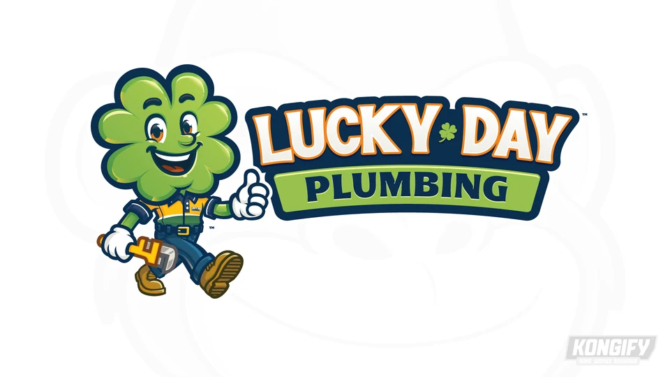 Lucky Day Plumbing logo with a green clover-headed worker holding a pipe wrench beside white lettering and a green Plumbing band.