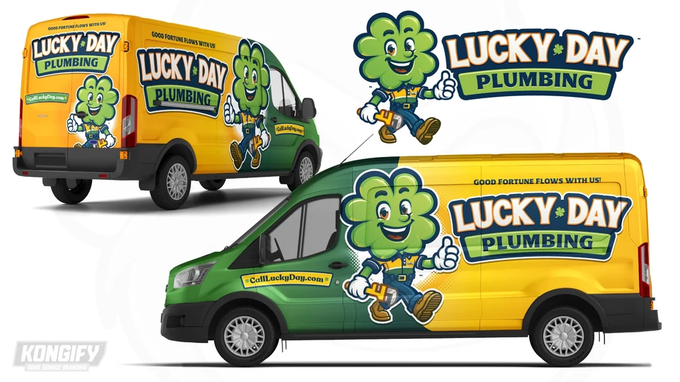 Lucky Day Plumbing van wrap with a green front, yellow rear, large clover mascot, and bold name on the side and back.