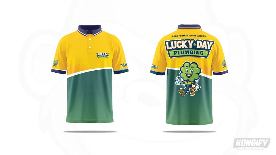 Lucky Day Plumbing polo design with a yellow upper body, green lower panel, white dividing stripe, and clover mascot on the back.