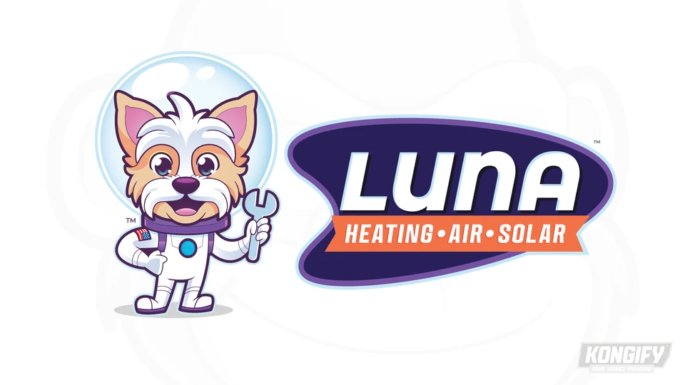 Luna Heating, Air & Solar logo with a tan and white dog in a space suit holding a wrench beside a purple badge and orange service band.
