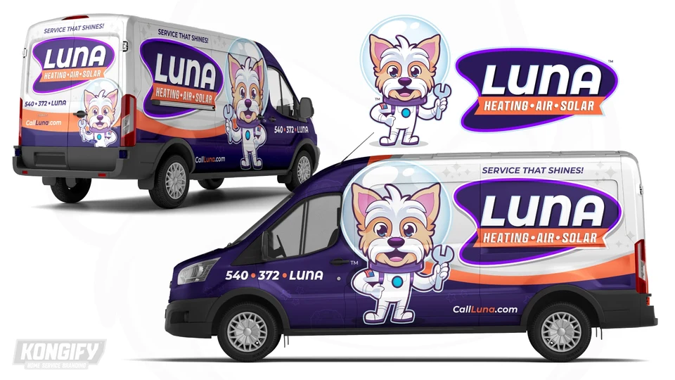 Luna van design with a purple front and lower panels, pale upper side, orange band, large dog astronaut, and subtle stars.