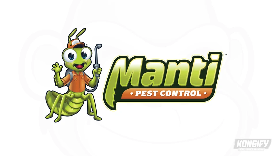 Manti Pest Control logo with a smiling green insect in an orange work shirt and cap, holding a sprayer wand.