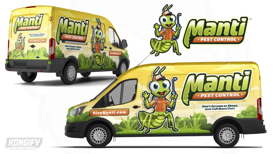 Manti Pest Control van wrap design with a large green insect technician, yellow sky, grass, and an orange website panel.