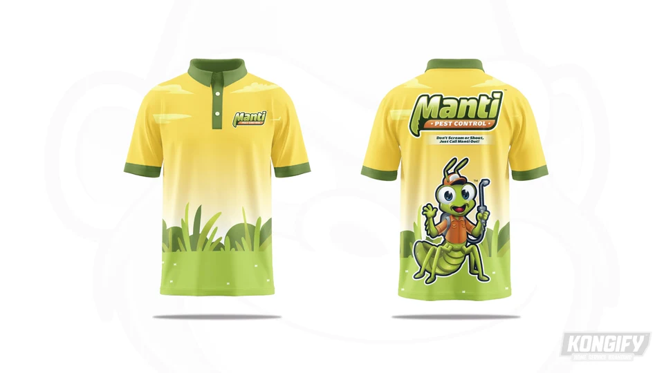 Manti Pest Control polo design with a yellow upper section, green trim and grass, a chest logo, and insect character on the back.