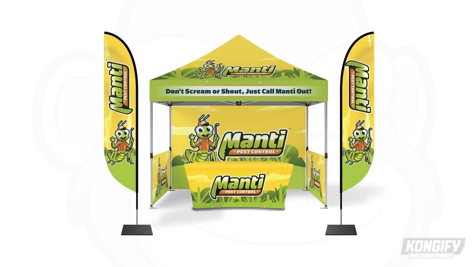 Manti Pest Control event display design with a yellow and green canopy, flags, backdrop, and table cover featuring the insect mascot.