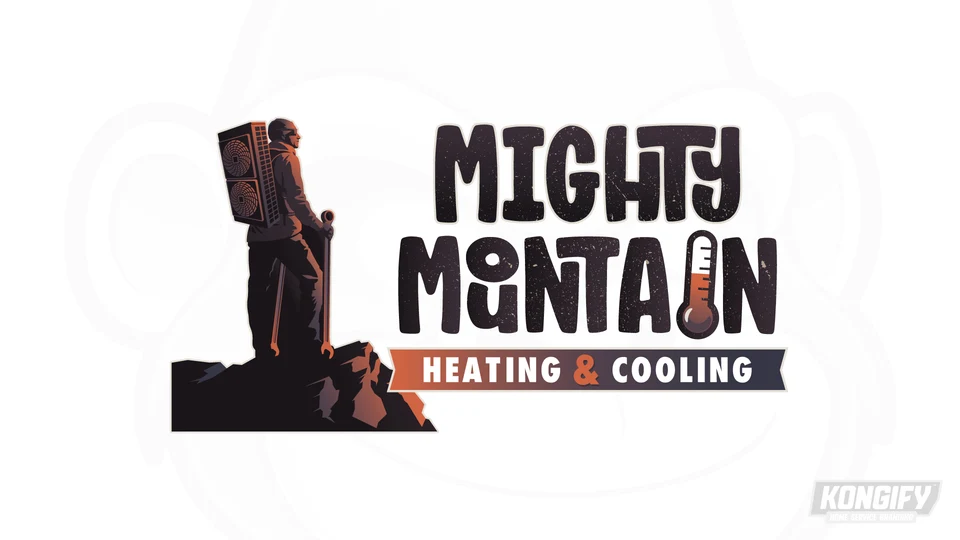 Mighty Mountain Heating & Cooling logo with a climber carrying an outdoor cooling unit and holding wrench-shaped poles.