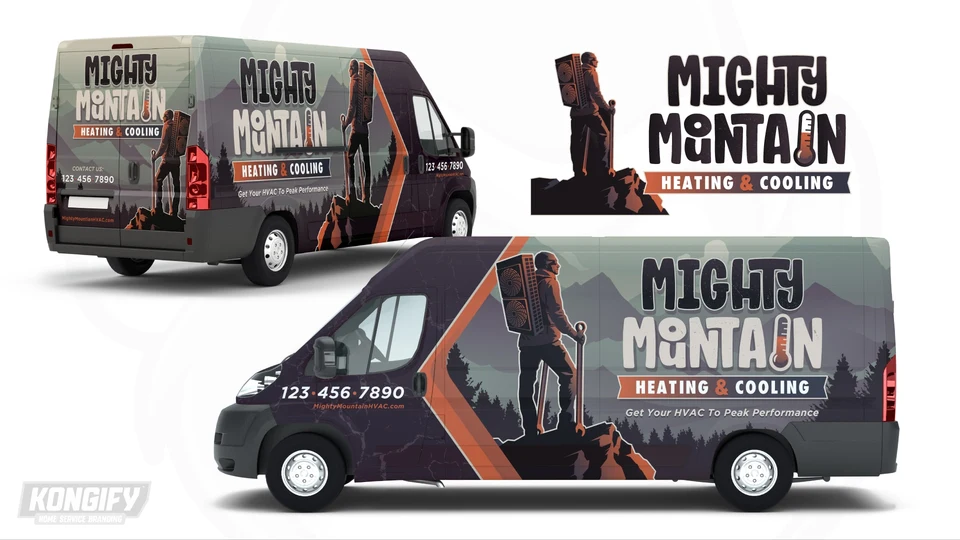 Mighty Mountain Heating and Cooling vehicle wrap artwork.