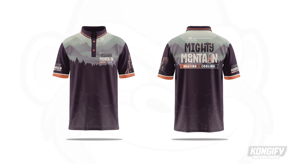 Mighty Mountain polo design with layered mountains, pine trees, copper trim, and the climber on a sleeve.