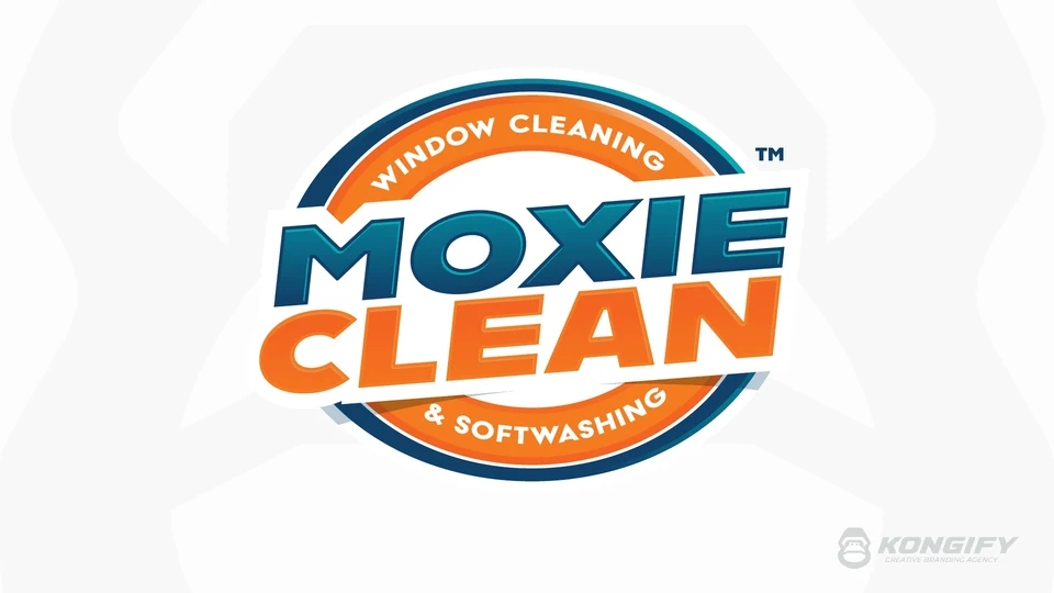 Moxie Clean circular logo with tilted teal Moxie lettering, orange Clean lettering, orange and navy rings, Window Cleaning above, and Softwashing below.
