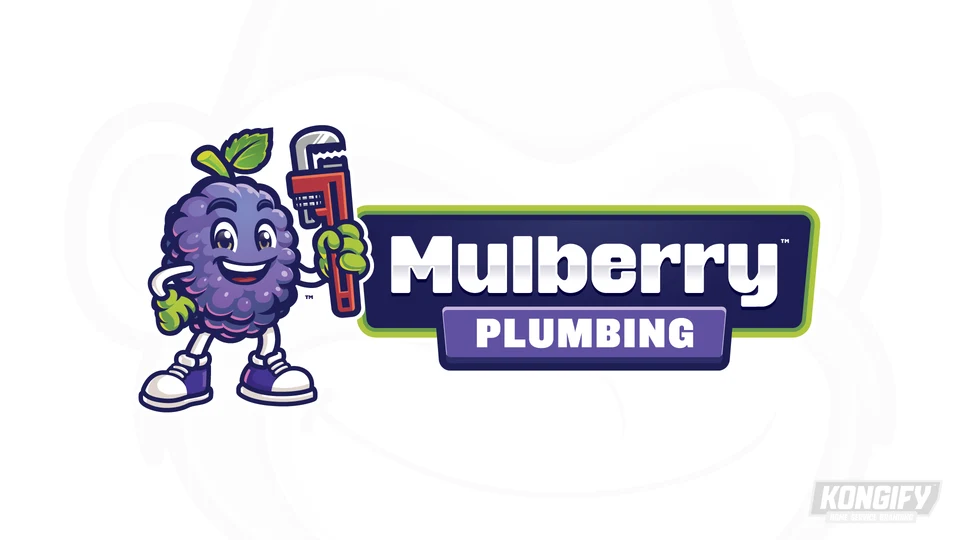 Mulberry Plumbing logo with a smiling purple berry, green leaf and gloves, red pipe wrench, sneakers, white name lettering, lime border, and purple Plumbing panel.