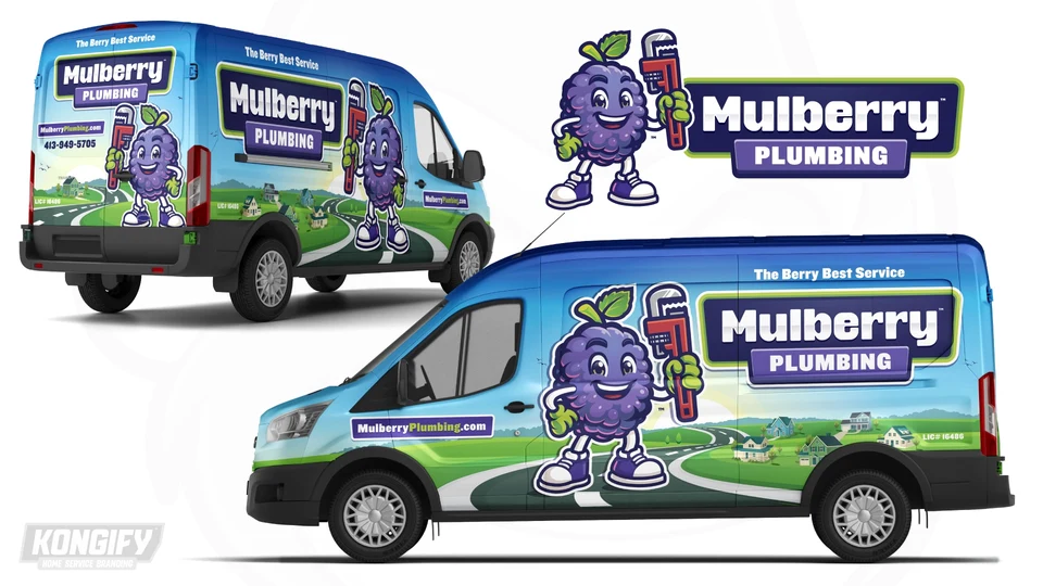 Mulberry Plumbing van wrap with a large purple berry mascot, blue sky, green hills, houses, winding roads, and a lime-bordered name badge.