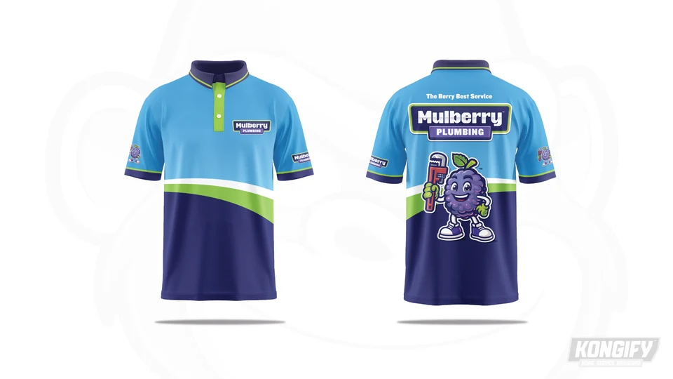 Mulberry Plumbing polo with a light blue upper body, dark purple lower panel, green-and-white curved band, chest badge, sleeve marks, and large berry on the back.