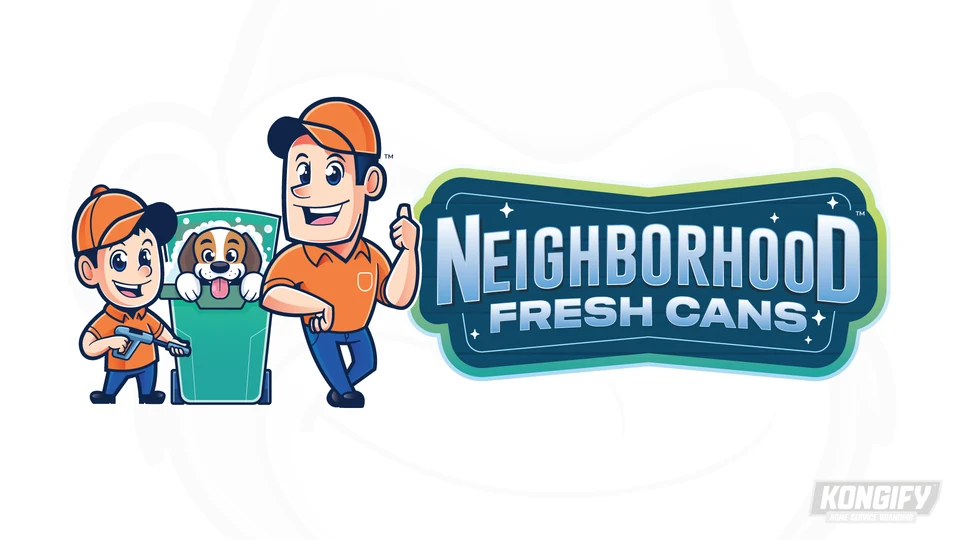 Neighborhood Fresh Cans logo with two characters in orange caps and shirts beside a beagle in a foamy teal bin and a blue name badge.