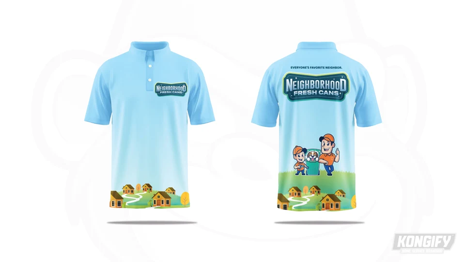 Neighborhood Fresh Cans light blue polo design with a small chest badge, houses and paths along the hem, and character scene on the back.