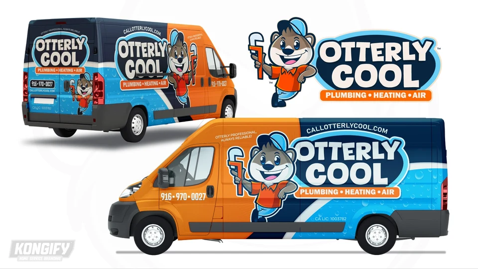 Otterly Cool van design with an orange front, navy upper side, cyan water-drop pattern, and large otter mascot.