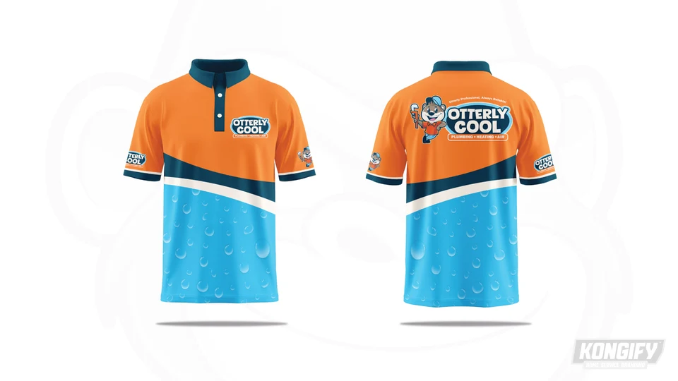 Otterly Cool polo design with an orange upper section, dark band, cyan water-drop pattern, and mascot graphic on the back.