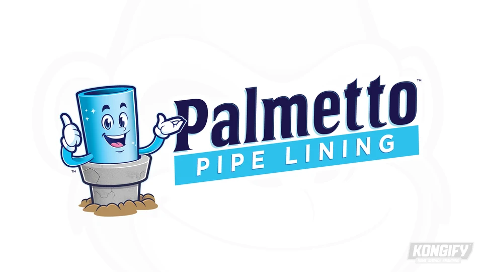 Palmetto Pipe Lining logo with a smiling blue inner pipe, gray outer pipe, raised thumb, and dark blue lettering.