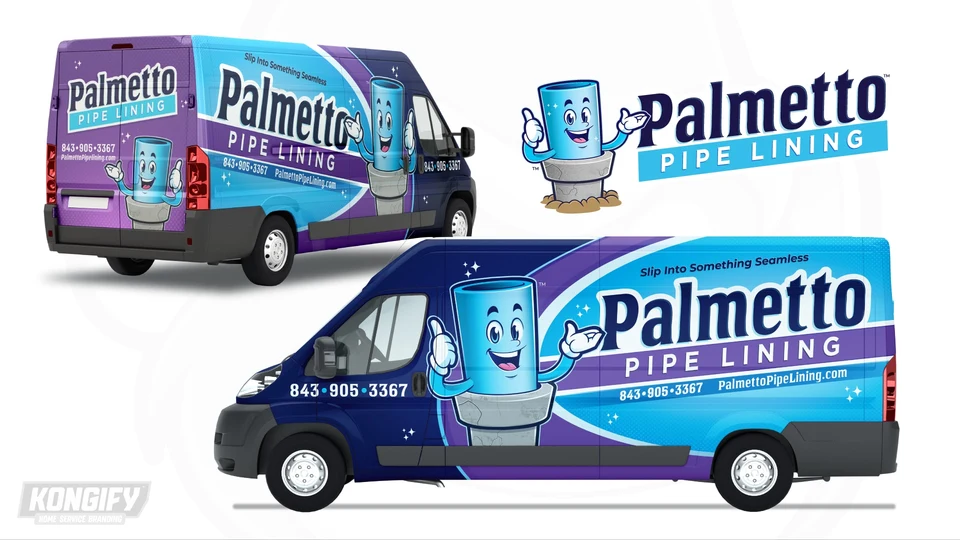 Palmetto Pipe Lining van wrap design with blue and purple curved fields, large lettering, and a smiling pipe character.