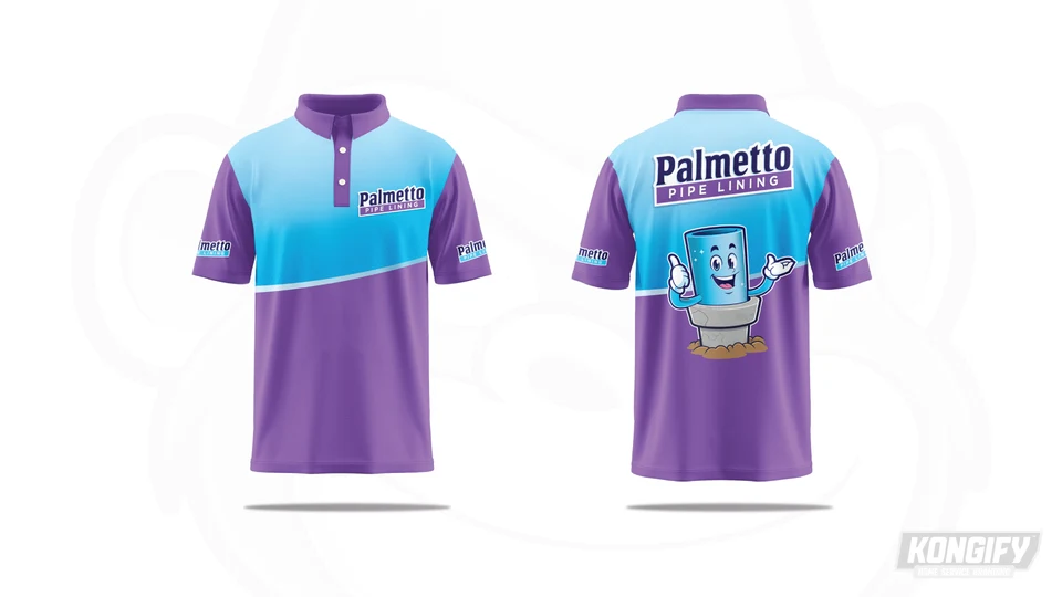 Palmetto Pipe Lining polo design with a blue upper section, purple sleeves and lower section, and pipe character on the back.