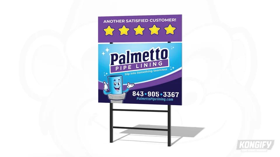 Palmetto Pipe Lining yard-sign design with blue and purple panels, pipe character, contact details, and a separate star rider.