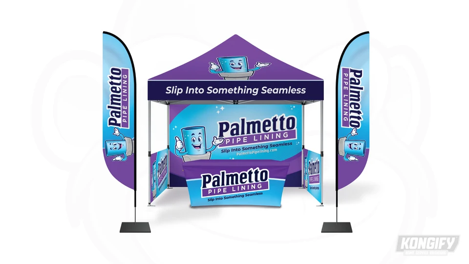 Palmetto Pipe Lining event display design with a purple canopy, blue backdrop, matching table cover, and two flags.