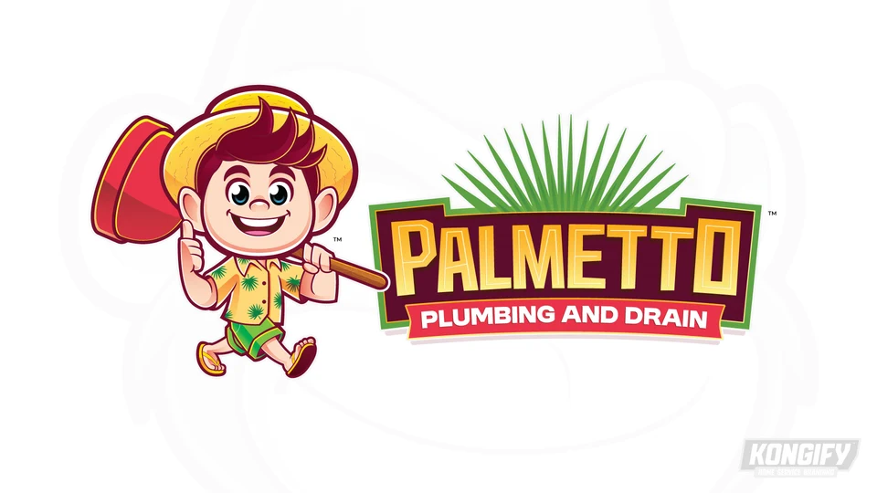 Palmetto Plumbing and Drain logo with a smiling beach character in a straw hat, leaf-print shirt, shorts and sandals, carrying a red plunger beside a leaf-topped badge.