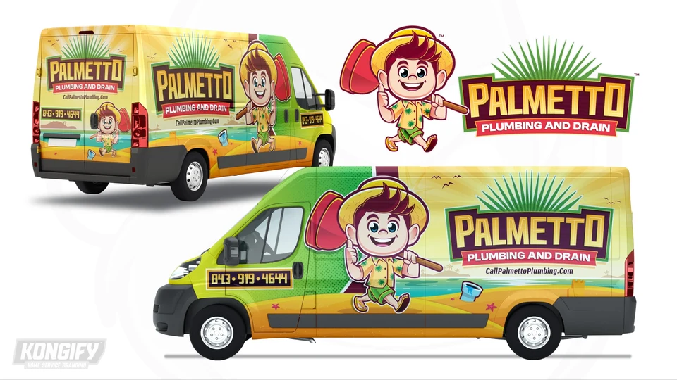 Palmetto Plumbing and Drain van wrap with a green front, yellow beach scene, large mascot, water, sandcastle, birds, and small sewer-pipe detail.