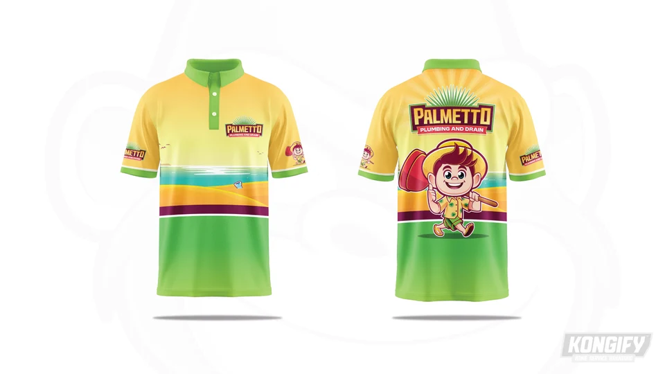 Palmetto Plumbing and Drain polo with a yellow beach scene, green trim and lower panel, chest badge, and large character on the back.