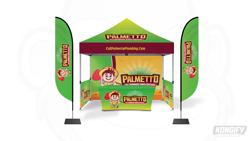 Palmetto Plumbing and Drain event display with green canopy and flags, burgundy trim, beach backdrop, mascot, leaf badges, and table cover.