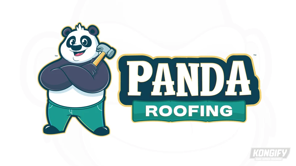 Panda Roofing logo with a smiling panda, folded arms, shoulder-held hammer, and teal service bar.