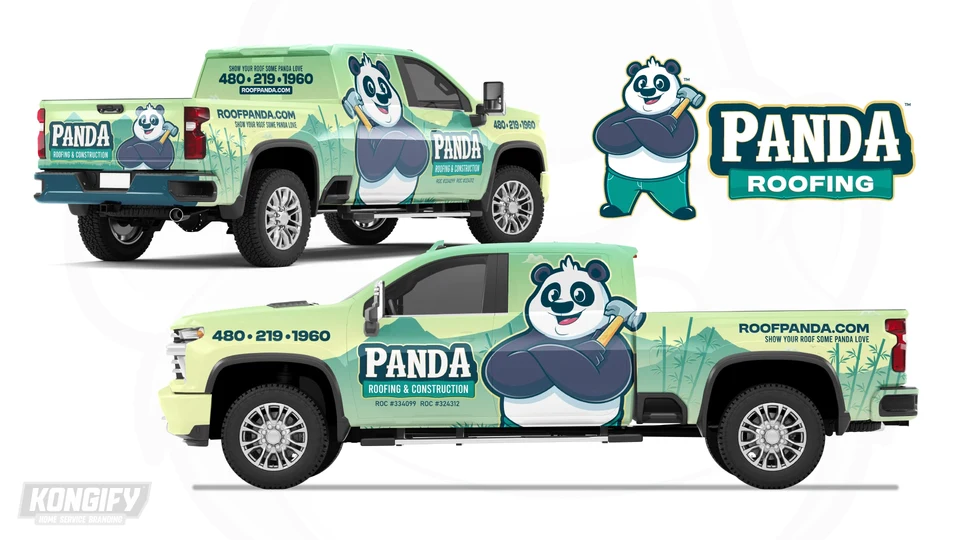 Panda pickup wrap with a large bear, green mountain and bamboo scene, and Roofing & Construction lettering.