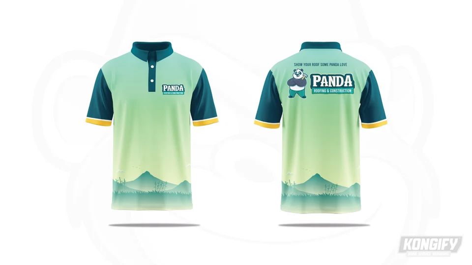Panda polo design with pale-green panels, teal sleeves, yellow trim, and mountain and bamboo details at the hem.