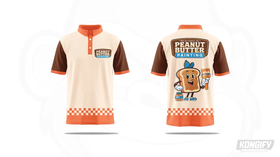 Front and back of the Peanut Butter Painting polo design with orange checkerboard trim.