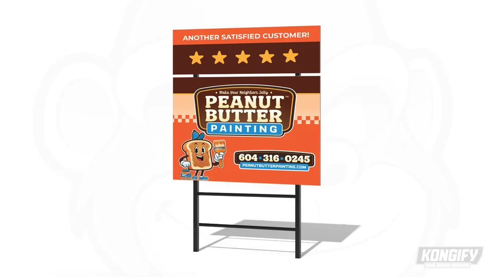 Peanut Butter Painting yard-sign design mockup with the logo, mascot, and contact details.