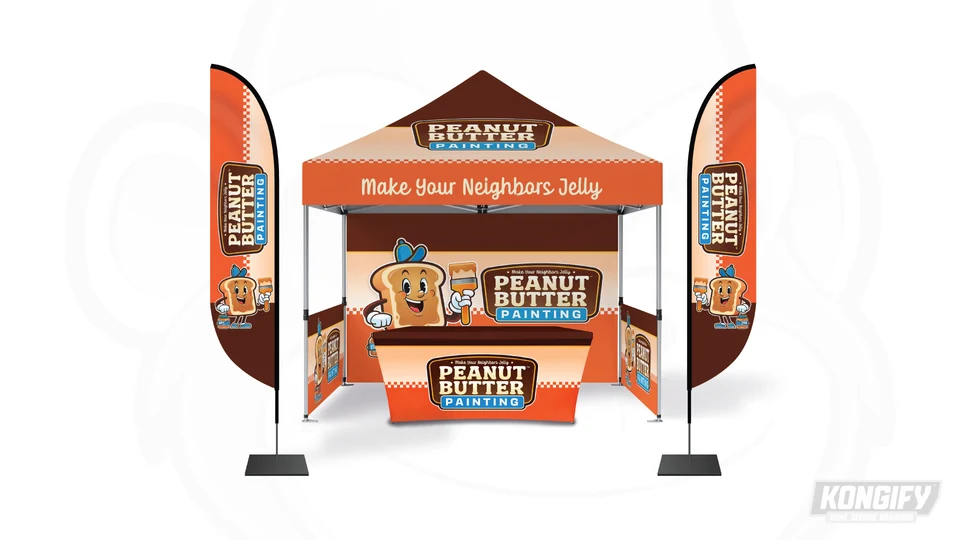Peanut Butter Painting canopy, flags, backdrop, and table-cover design.