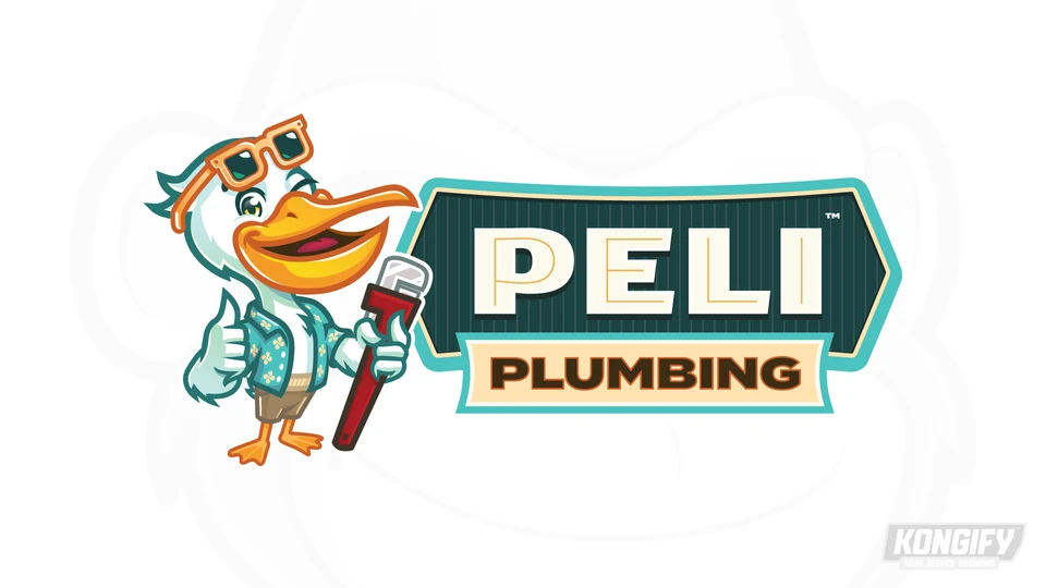 Peli Plumbing logo with a smiling pelican holding a red pipe wrench beside a teal name badge.