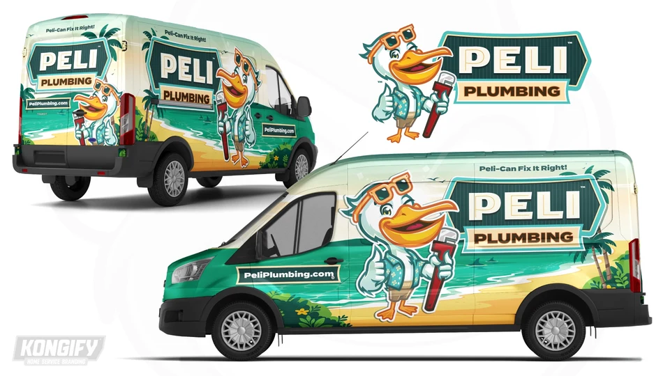Peli Plumbing van-wrap design with a pelican, palms, teal water, and a sandy beach.