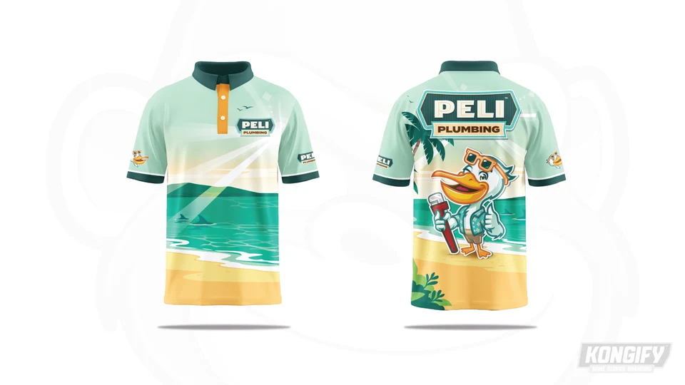 Front and back of the Peli Plumbing polo design with a beach scene and pelican mascot.
