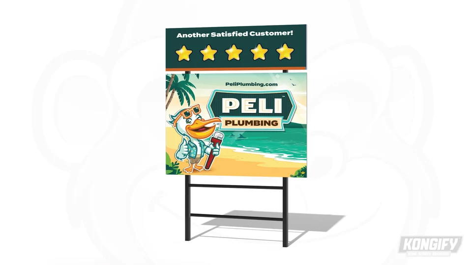 Peli Plumbing yard-sign design mockup with the mascot, name, and beach artwork.