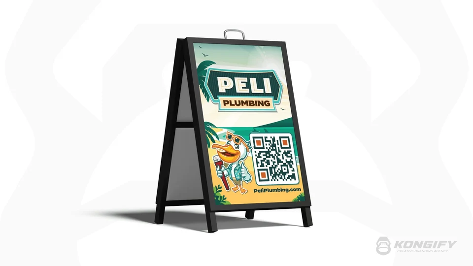 Peli Plumbing A-frame design with its name, pelican, beach scene, and QR-code panel.