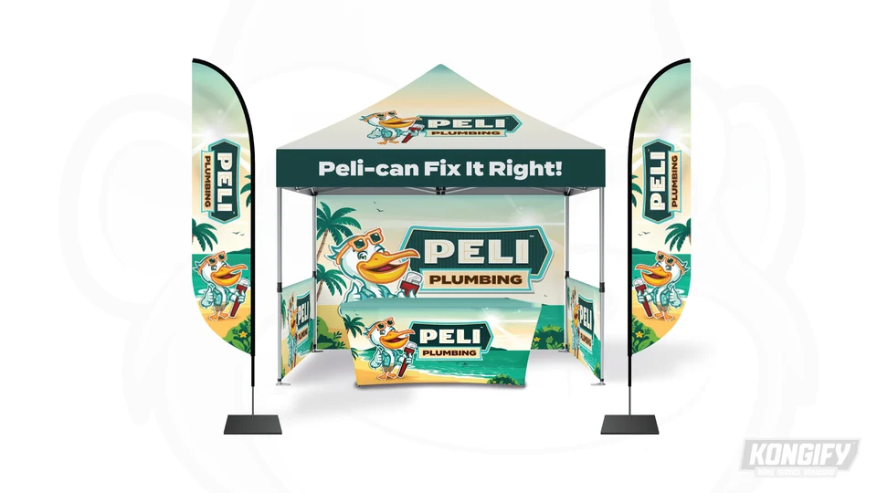 Peli Plumbing canopy, flags, backdrop, and table-cover design with beach graphics.