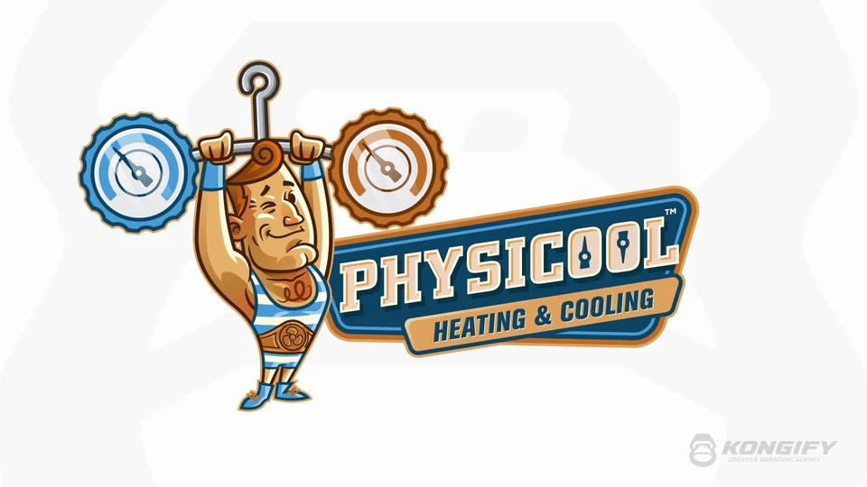 Physicool Heating & Cooling logo with a striped-suit strongman lifting blue and bronze gauges above a blue name badge.