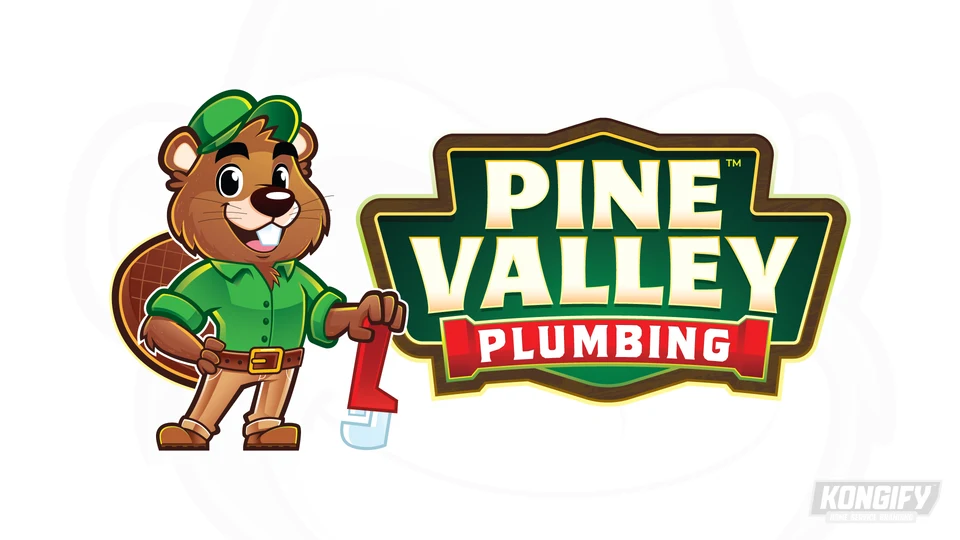 Pine Valley Plumbing logo with a beaver holding a red pipe wrench beside a wood-edged green badge.