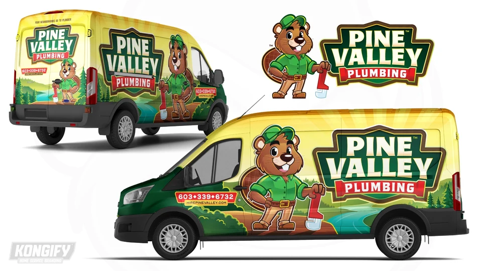 Pine Valley Plumbing van-wrap design with a beaver, pine trees, a winding river, and a yellow sky.