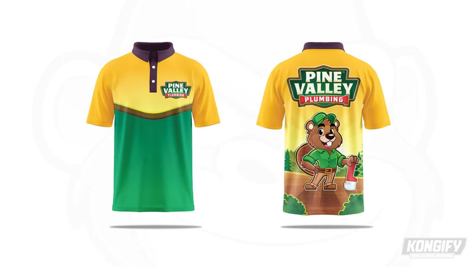 Front and back of the Pine Valley Plumbing polo design in yellow and green with a beaver mascot.