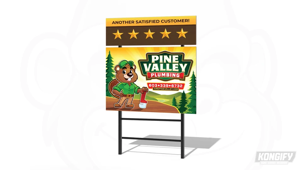 Pine Valley Plumbing yard-sign design mockup with a beaver, name badge, and pine-tree landscape.